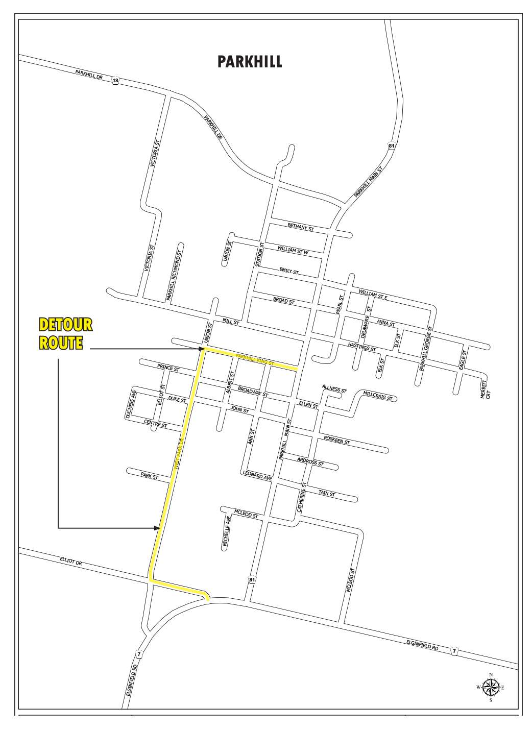 Parkhill Main Street Watermain Project - Detour Map